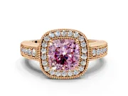 Milgrain Halo Engagement Ring Setting for Fancy Pink Cushion Cut Center with Pave Band and Prong Head in Rose Gold