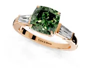 3 Stone Engagement Ring Setting for Fancy Green Cushion Cut Center with Baguette Accents and Prong Head in Rose Gold