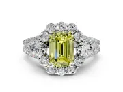 Halo Engagement Ring Setting for Fancy Yellow Emerald Cut Center with Two-Strand Split Shank and Prong Head in Platinum