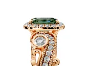 Milgrain Halo Engagement Ring Setting for Fancy Green Emerald Cut Center with Shoulder Bezels and Prong Head in Rose Gold