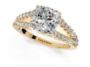 Solitaire Engagement Ring Setting for Cushion Cut Center with Pave Split Shank and Prong Head in Yellow Gold