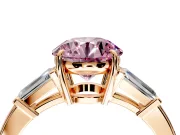 3 Stone Engagement Ring Setting for Fancy Pink Round Cut Center with Baguette Accents and Prong Head in Rose Gold