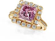 Milgrain Halo Engagement Ring Setting for Fancy Pink Princess Cut Center with Bezel Point Accents and Prong Head in Yellow Gold