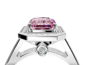 Halo Engagement Ring Setting for Fancy Pink Emerald Cut Center with Outer Bezel Rim, Pave Band and Prong Head in Platinum