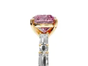 Baguette Engagement Ring Setting for Fancy Pink Cushion Cut Center with Alternating Bar-Set Band and Prong Head in Yellow Gold