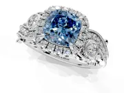 Milgrain Halo Engagement Ring Setting for Fancy Blue Cushion Cut Center with Shoulder Bezels and Prong Head in White Gold