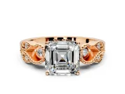 Leaf Engagement Ring Setting for Asscher Cut Center with Milgrain Accent Band and Prong Head in Rose Gold