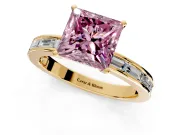 Solitaire Engagement Ring Setting for Fancy Pink Princess Cut Center with Channel Baguette Band and Prong Head in Yellow Gold