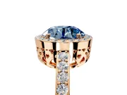 Halo Engagement Ring Setting for Fancy Blue Round Cut Center with Heart-Shaped Openwork, Pave Band and Prong Head in Rose Gold