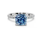 Solitaire Engagement Ring Setting for Fancy Blue Cushion Cut Center with Fine Pave Narrow Band and Prong Head in Sterling Silver