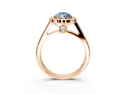 Halo Engagement Ring Setting for Fancy Blue Pear-Shaped Center with Outer Bezel Rim, Pave Band and Prong Head in Rose Gold
