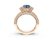 Pave Engagement Ring Setting for Fancy Blue Round Cut Center with Curved Accent Rows, Openwork and Prong Head in Rose Gold