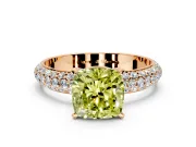 Solitaire Engagement Ring Setting for Fancy Yellow Cushion Cut Center with Domed Multi-Row Pave Band and Prong Head in Rose Gold