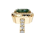 Halo Engagement Ring Setting for Fancy Green Emerald Cut Center with Inner Milgrain Border and Prong Head in Yellow Gold