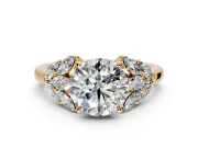 Leaf Cluster Engagement Ring Setting for Round Cut Center with Marquise Accents and Prong Head in Yellow Gold