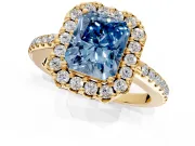 Pave Halo Engagement Ring Setting for Fancy Blue Radiant Cut Center with Single Row Pave Band and Prong Head in Yellow Gold