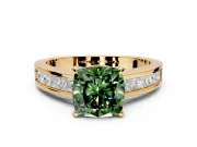 Solitaire Engagement Ring Setting for Fancy Green Cushion Cut Center with Princess Cut Channel Band and Prong Head in Yellow Gold