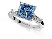 3 Stone Engagement Ring Setting for Fancy Blue Princess Cut Center with Channel Baguette Accents and Prong Head in Sterling Silver