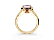 Halo Engagement Ring Setting for Fancy Pink Asscher Cut Center with Knife Ridge Cathedral Band and Prong Head in Yellow Gold