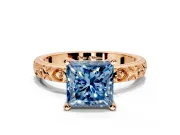 Solitaire Engagement Ring Setting for Fancy Blue Princess Cut Center with XO Engraved Band and Prong Head in Rose Gold