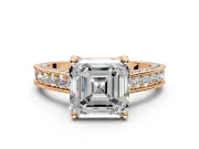Solitaire Engagement Ring Setting for Asscher Cut Center with Milgrain-Framed Pave Band and Prong Head in Rose Gold