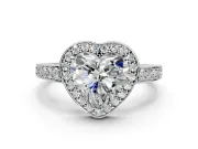 Bezel-Framed Halo Engagement Ring Setting for Heart-Shaped Center with Pave Band and Prong Head in Sterling Silver