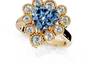 Cluster Halo Engagement Ring Setting for Fancy Blue Heart-Shaped Center with Milgrain Bezel Accents and Prong Head in Yellow Gold