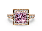 Bezel-Framed Halo Engagement Ring Setting for Fancy Pink Princess Cut Center with Pave Band and Prong Head in Rose Gold