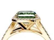 Halo Engagement Ring Setting for Fancy Green Asscher Cut Center with Narrow Pave Split Shank and Prong Head in Yellow Gold
