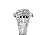 Halo Engagement Ring Setting for Round Cut Center with Pave Split Shank and Prong Head in White Gold