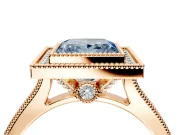 Halo Engagement Ring Setting for Fancy Blue Princess Cut Center with Milgrain Pave Band and Bezel Head in Rose Gold