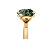 Low-Set Solitaire Engagement Ring Setting for Fancy Green Round Cut Center with Thin Plain Band and Prong Head in Yellow Gold