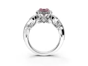 Milgrain Halo Engagement Ring Setting for Fancy Pink Asscher Cut Center with Shoulder Bezels and Prong Head in Platinum