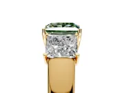 3 Stone Engagement Ring Setting for Fancy Green Princess Cut Center with Raised Basket Heads and Prong Head in Yellow Gold