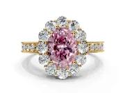 Halo Engagement Ring Setting for Fancy Pink Oval Center with Milgrain Channel Band and Prong Head in Yellow Gold