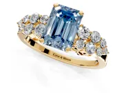Cluster Engagement Ring Setting for Fancy Blue Emerald Cut Center with 2-Row Shoulder Clusters and Prong Head in Yellow Gold