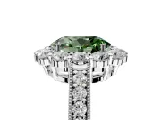 Halo Engagement Ring Setting for Fancy Green Oval Center with Milgrain Channel Band and Prong Head in White Gold