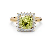 Starburst Halo Engagement Ring Setting for Fancy Yellow Cushion Cut Center with Thin Round-Wire Band and Prong Head in Yellow Gold