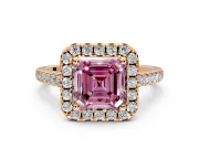 Halo Engagement Ring Setting for Fancy Pink Asscher Cut Center with Raised Halo, Pave Band and Prong Head in Rose Gold