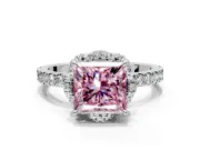 Halo Engagement Ring Setting for Fancy Pink Princess Cut Center with Openwork Halo, Pave Band and Prong Head in White Gold