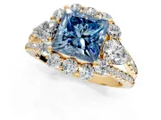 Halo Engagement Ring Setting for Fancy Blue Princess Cut Center with Two-Strand Split Shank and Prong Head in Yellow Gold