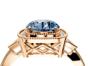 Halo Engagement Ring Setting for Fancy Blue Round Cut Center with Milgrain Rim, Pave Band and Prong Head in Rose Gold