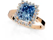 Starburst Halo Engagement Ring Setting for Fancy Blue Radiant Cut Center with Flat Cathedral Band and Prong Head in Rose Gold