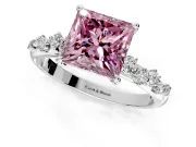 Cluster Engagement Ring Setting for Fancy Pink Princess Cut Center with Round Cut Accent Band and Prong Head in Sterling Silver