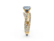 Solitaire Engagement Ring Setting for Fancy Blue Asscher Cut Center with Woven 3-Strand Pave Band and Prong Head in Yellow Gold