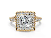 Milgrain Floral Halo Engagement Ring Setting for Princess Cut Center with Pave Band and Prong Head in Yellow Gold