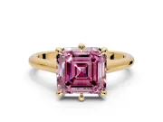 Solitaire Engagement Ring Setting for Fancy Pink Asscher Cut Center with Cathedral Band and Prong Head in Yellow Gold