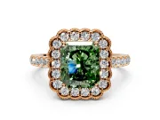 Milgrain Floral Halo Engagement Ring Setting for Fancy Green Radiant Cut Center with Pave Band and Prong Head in Rose Gold