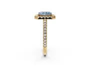 Pave Halo Engagement Ring Setting for Fancy Blue Radiant Cut Center with Single Row Pave Band and Prong Head in Yellow Gold