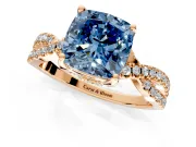 Solitaire Engagement Ring Setting for Fancy Blue Cushion Cut Center with Narrow Twist Pave Band and Prong Head in Rose Gold